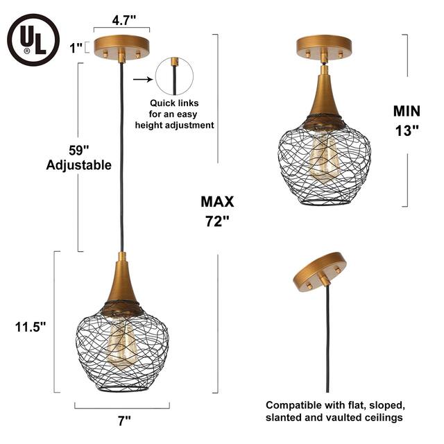 Alisar Modern 7inch Mini Farmhouse Cage Pendant Lights 1-light Metal Wire Black Ceiling Lights for Kitchen Island