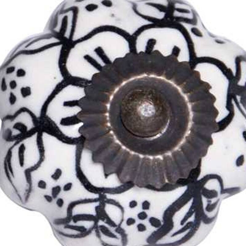 Set of 12 Black and White Ceramic Drawer Knobs with Floral Design and Gold Finish for Cabinets - 1.5” x 1.5” x 1.5”