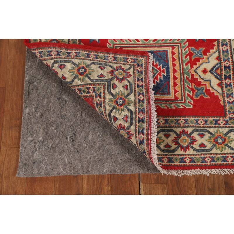 Geometric Kazak Runner Rug Hand-Knotted Red Wool Carpet - 2'9" x 9'4"