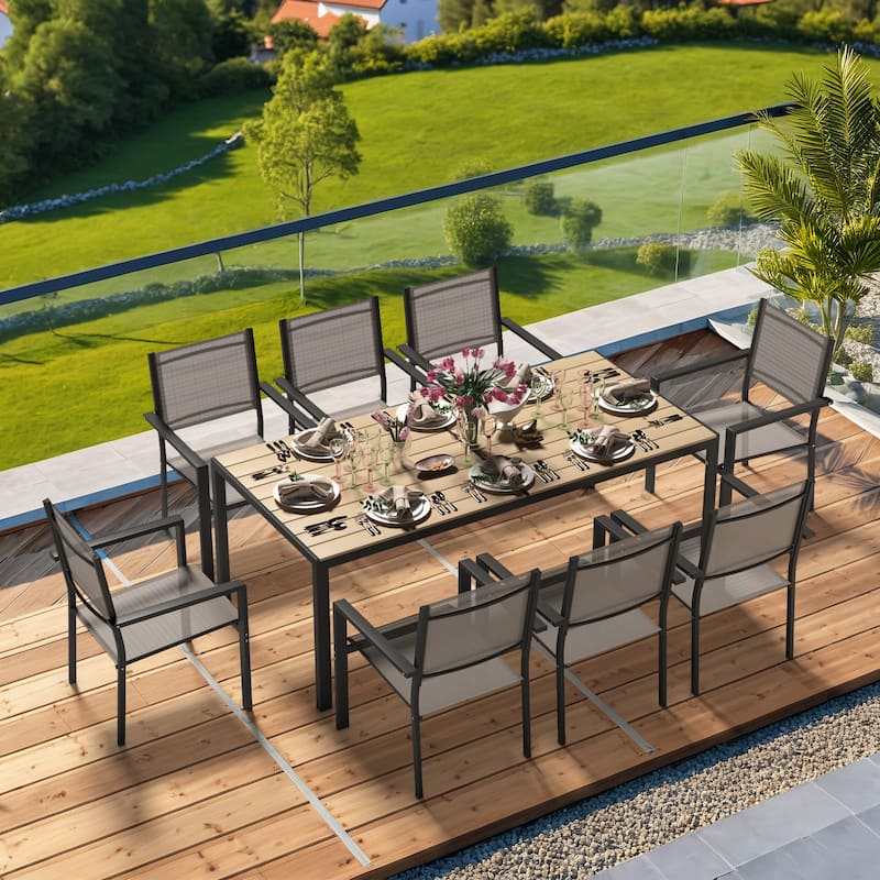 Outdoor Dining Set with Table & Stackable Textilene Chairs, 5-Piece Durable WPC Tabletop & Rust-Resistant Frame for Patio