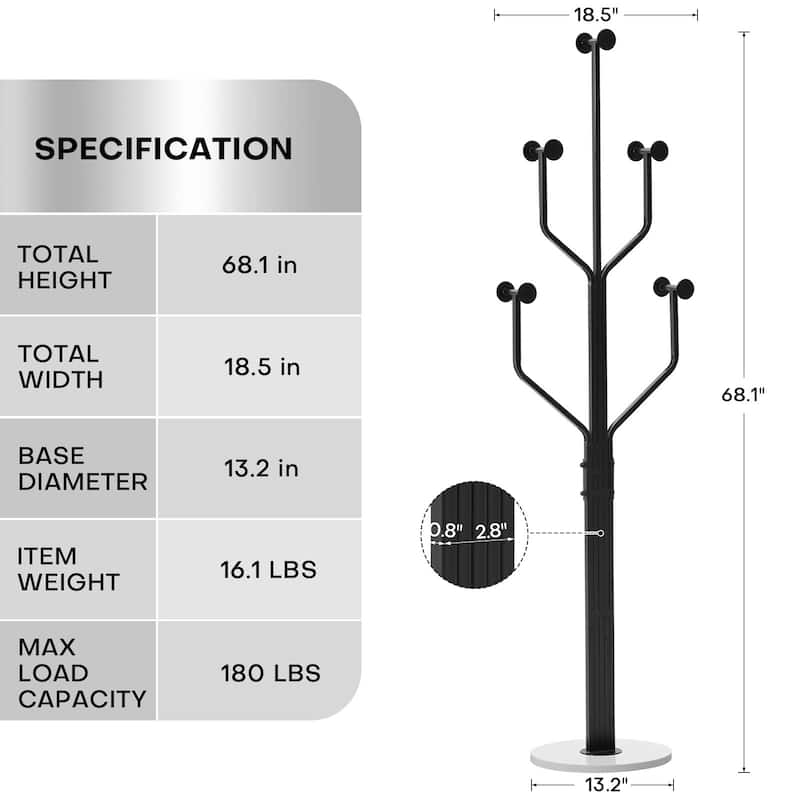 Freestanding Metal Coat Rack with 10 Hooks and Heavy Duty Marble Base - 68.1"H x 18.5"W(top) x 13.2"Dia(base)