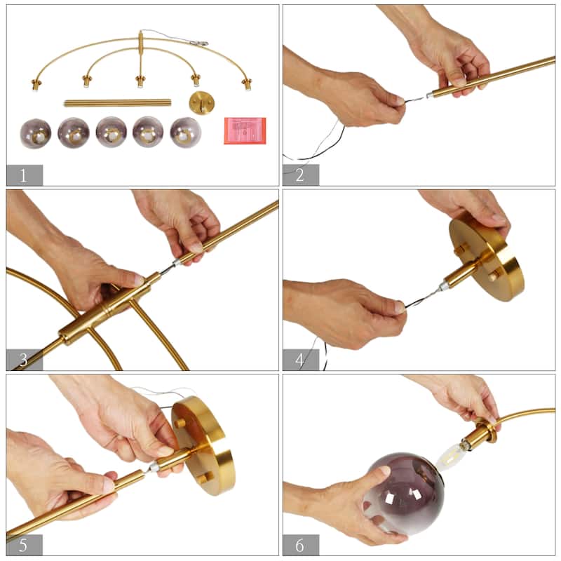Modern Glam 5-Light Linear Branch Art Decor Chandelier with Smoked Purple Orb Glass - 46"W x 26"D x 20.8-80.8"H