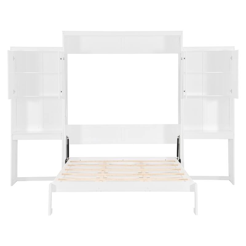 Queen Size Murphy Bed with Desk, Vanity, and Cabinets in White