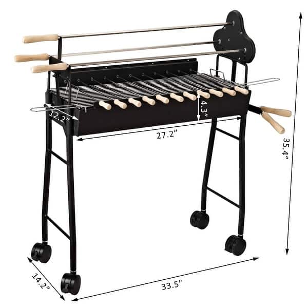 Outsunny Portable Rotisserie Charcoal BBQ Grill w/ Skewers and Wheels 14.2" L x 33.5" W x 35.4