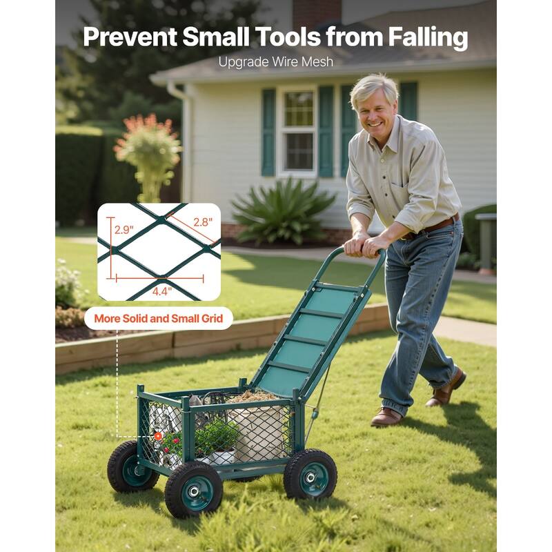 Green and Black Heavy-Duty All Metal Rolling Garden Cart with EVA Seat and Rubber Wheels - 19.1 x 14.5 x 16.53 inch