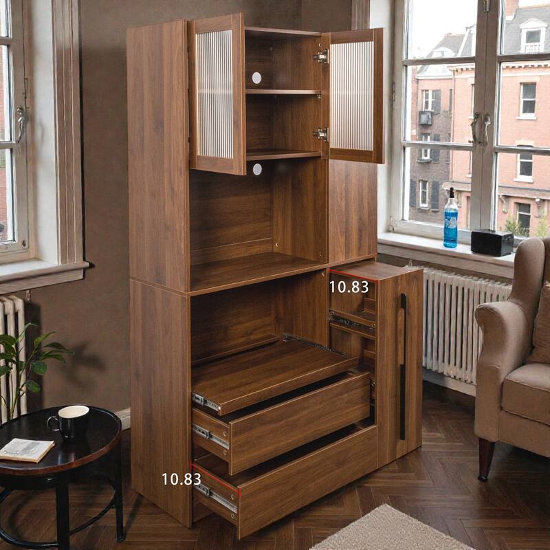 70.87 Inch Tall Kitchen Pantry Cabinet with Pull Out Storage Shelf, Glass Door Food Hutch Microwave Stand