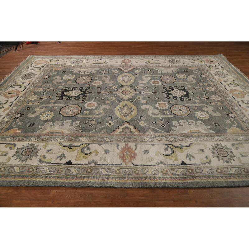 Gray Oushak Indian Area Rug Handmade Geometric Wool Carpet - 8'4" x 11'10"