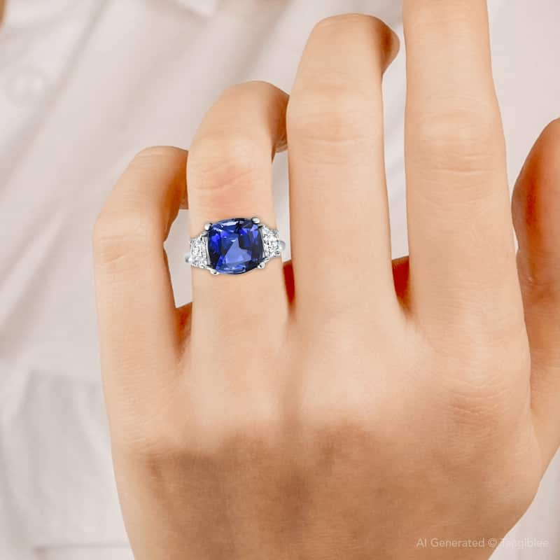 8.50Ct TW Cushion Blue Sapphire & Diamond 3-Stone Ring White Gold Lab Grown