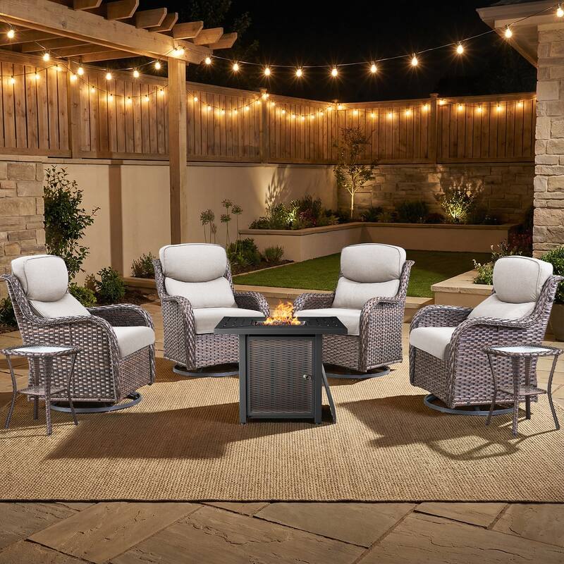 Pocassy 30 In Outdoor Fire Pits with Patio Sofa Swivel Glider Chari Furniture. - Brown Wicker Beige Cushion - 7-Piece Swivel Chair Table w/ Fie Pit Table