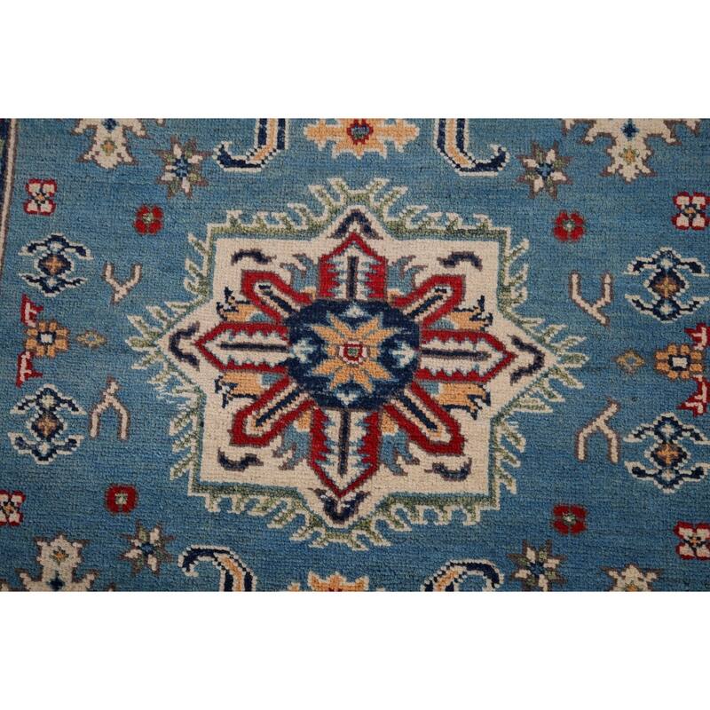 Blue Geometric Kazak Accent Rug Hand-Knotted Wool Carpet - 3'4" x 5'0"