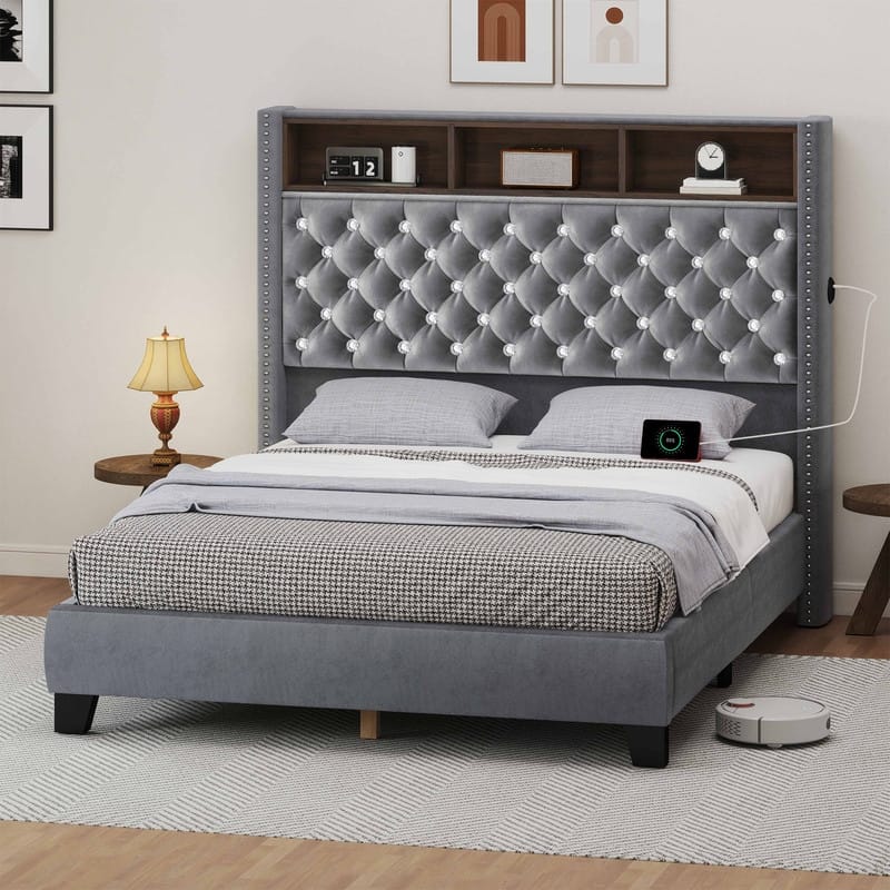 Moasis King/Queen Size Velvet Upholstered Bed Frame with Storage Headboard with USB Charging Stations