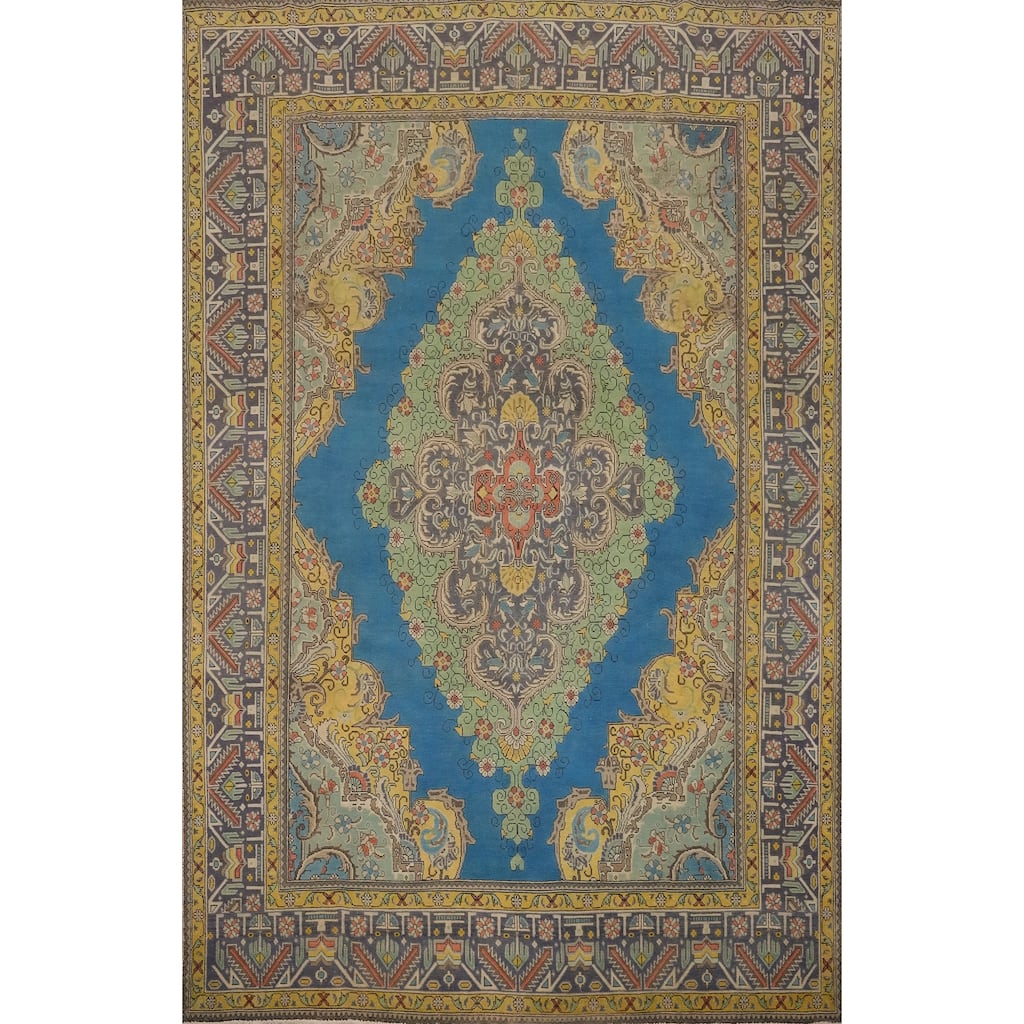 Hand Knotted Oriental 100% Wool Carpet Traditional Floral Navy Blue & Blues Tabriz Area Rug - 12' 5'' X 8' 3''