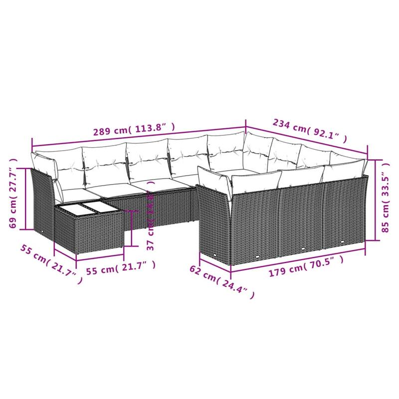vidaXL 11 Piece Patio Sofa Set with Cushions Black Poly Rattan - 145.6x27.2x92.2