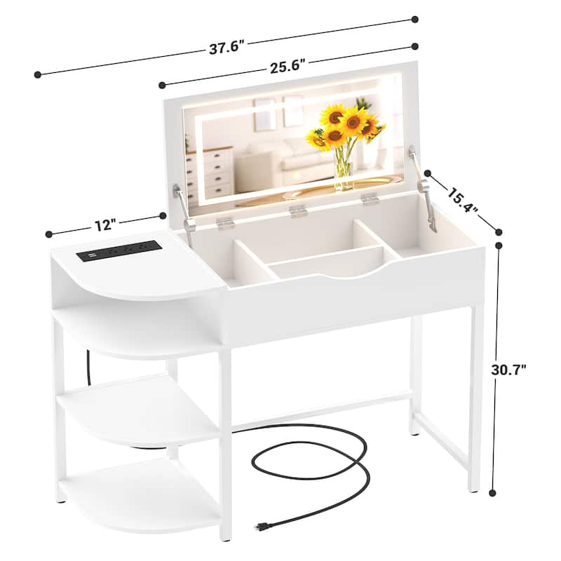 Flip Top Vanity Desk with LED Mirror and Charging Station, Modern Makeup Table with Hiden Storage