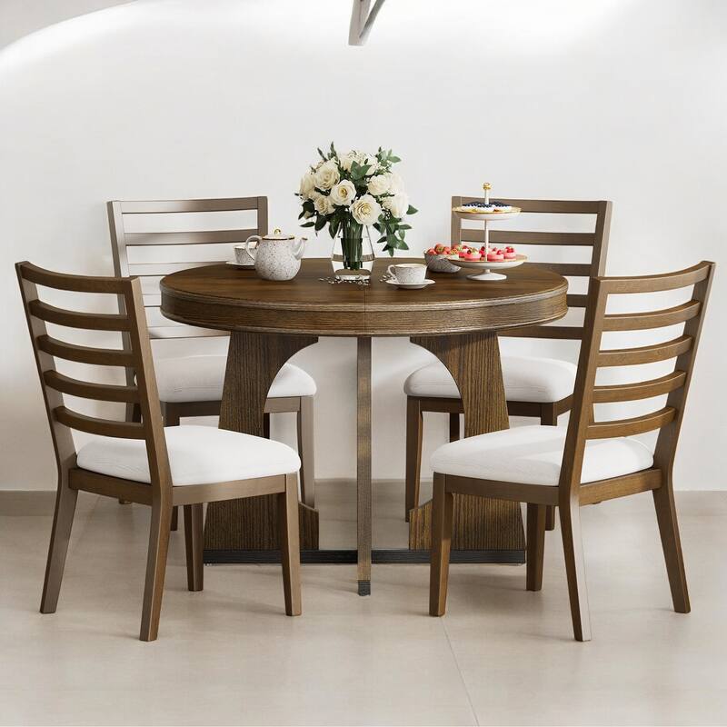 5-Piece Round Extendable Dining Table Set for 4 with Unique Geometric Base & Upholstered Chairs for Kitchen & Dining Room