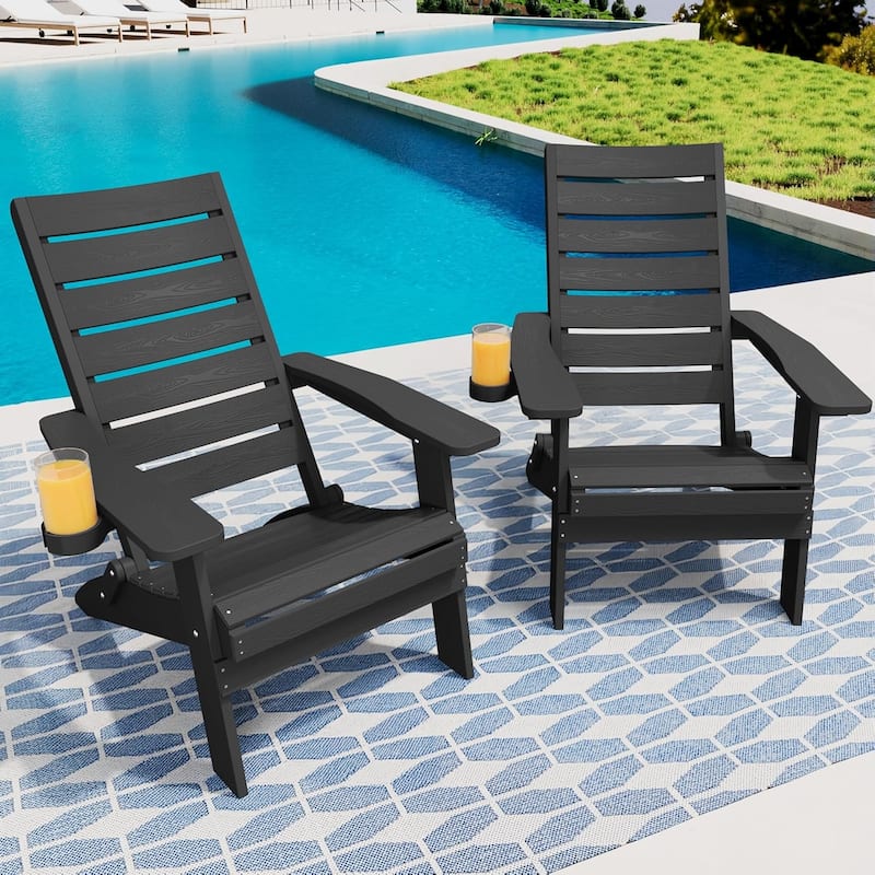 WINSOON HIPS Folding Adirondack Chairs with Arc Back & Cup Holder Set Of 2 - Black