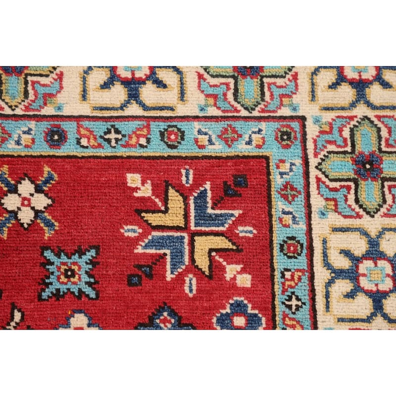 Geometric Red Kazak Oriental Area Rug Bedroom Hand-Knotted Wool Carpet - 3'11"x 6'0"