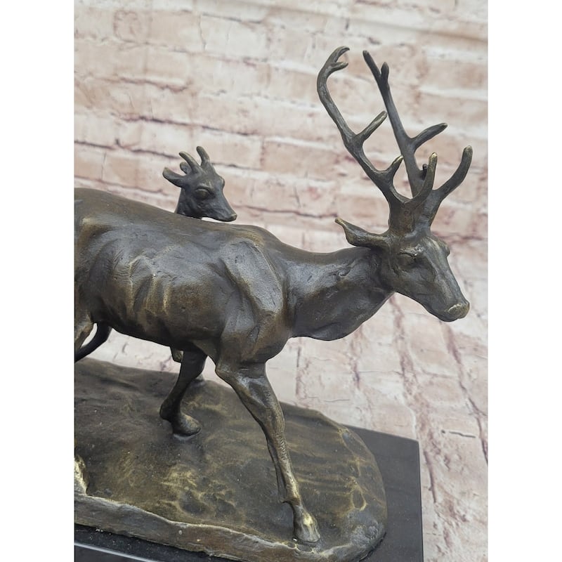 Deer Buck Elk And Doe Fawn Caribou Reindeer Bronze Statue Sculpture Marble Base 11 Inches X 13 Inches