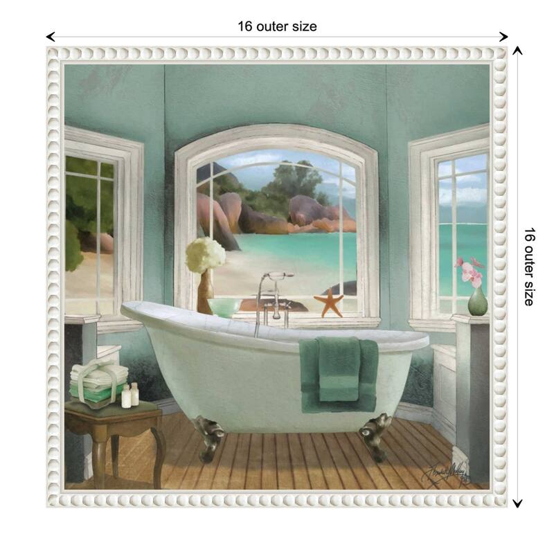 Oceanview Bath II by Elizabeth Medley Framed Canvas Wall Art Print - Sylvie Beaded White - 16 x 16 in