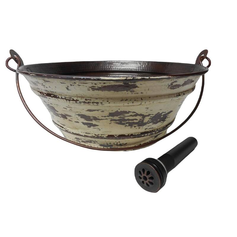SimplyCopper 15" Round Copper Vessel Bucket Bathroom Sink with Antique White Exterior and Aged Copper Daisy Drain