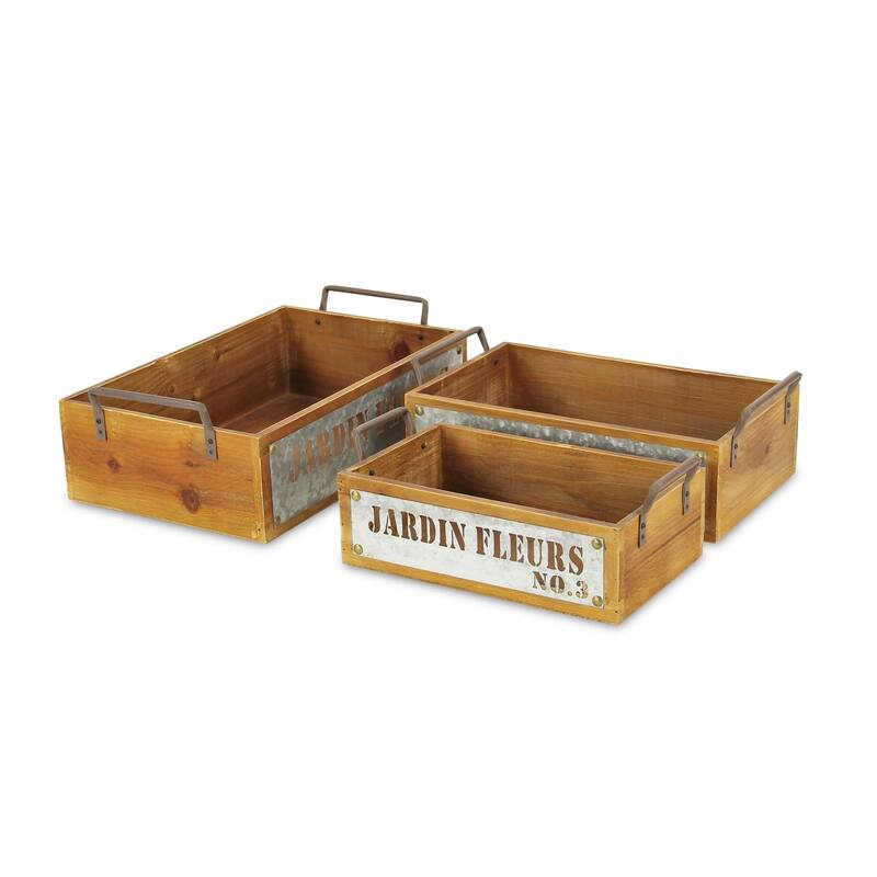 Set of 3 Brown and Silver Wooden Stamped Crate with Side Metal Handles 16.5"