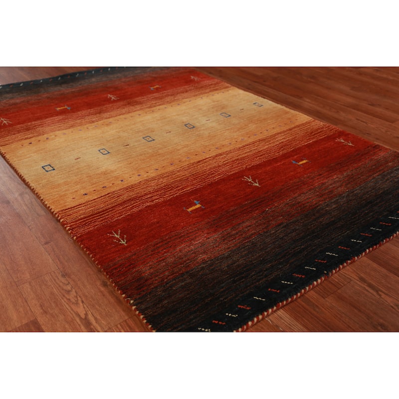 Hand Knotted Oriental 100% Wool Carpet Tribal Stripe Oranges & Rust Gabbeh Area Rug - 4' 10'' X 3' 1''