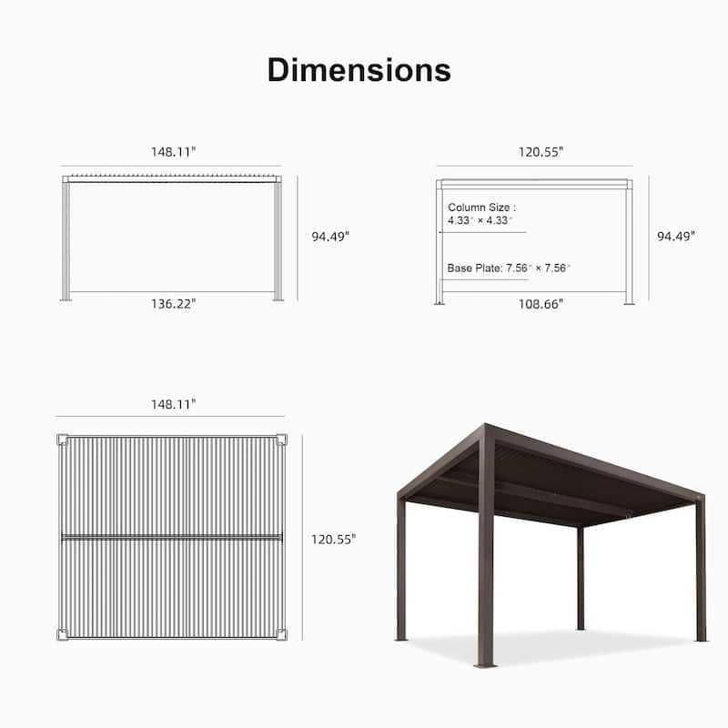 PURPLE LEAF Bronze Louvered Pergola with Adjustable Roof for Deck Backyard Garden Hardtop Gazebo