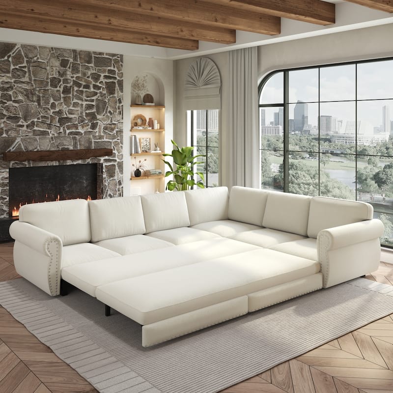 118" L-Shaped Sofa Couch with Pull-Out Bed with Nailhead Trim & Rolled Arm - 118"L x 86.6"W x 36.3"H