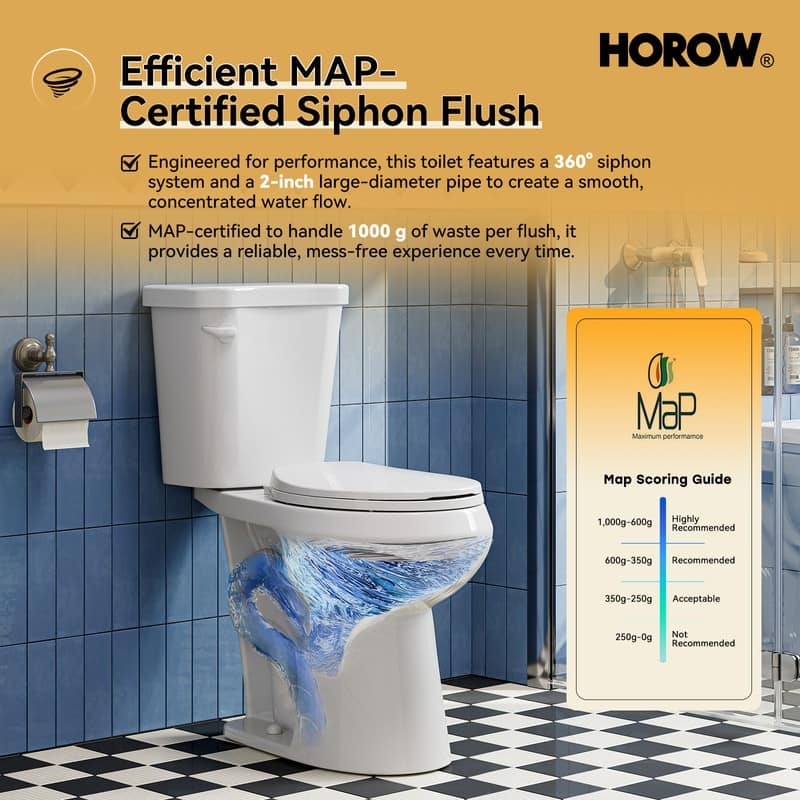 HOROW 2 Piece ADA Tall Single Flush Round Toilet White 1.28 GPF Strong Flush Soft Close Seat - 19 Inch