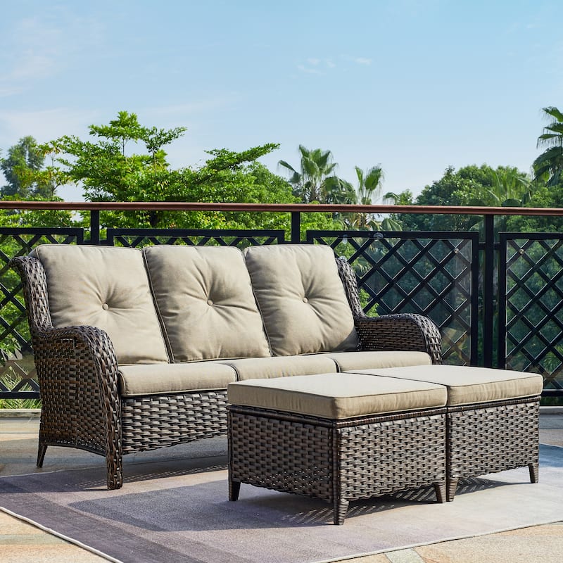Pocassy 3-Piece Outdoor Wicker Sofa Set with Ottoman - Brown/Grey