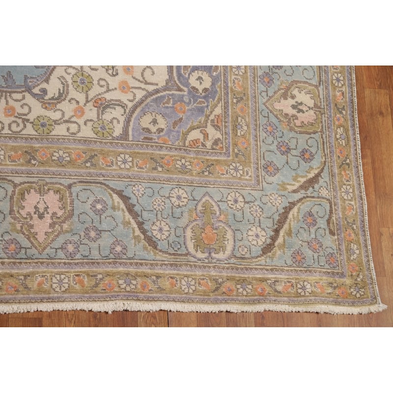 Geometric Tabriz Persian Area Rug Light Blue Handmade Wool Carpet - 9'7"x 12'4"