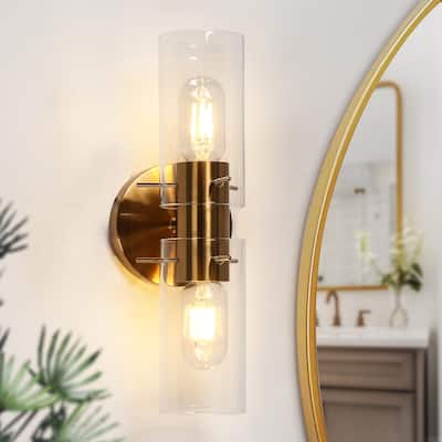 Modern Gold 2-Light Cylinder Wall Sconce Glass Bathroom Vanity Light - L 13.4'' x W 5.5''