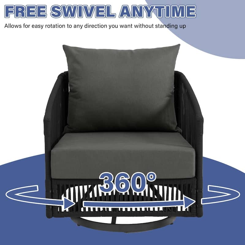 3 Piece Patio Woven Rope Swivel Chair Seating Group with Cushions