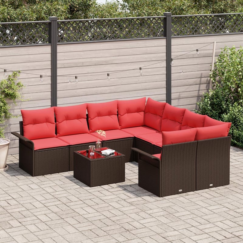 vidaXL 9-Seater Garden Sofa with Cushions Black/Brown/Grey Poly Rattan - 92.1 x 95.9 x 27.2
