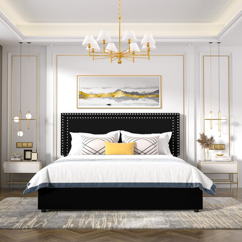 Modern Upholstered Bed Frame with 4 Storage Drawers, Platform Fabric Bed with Button Tufted Headboard
