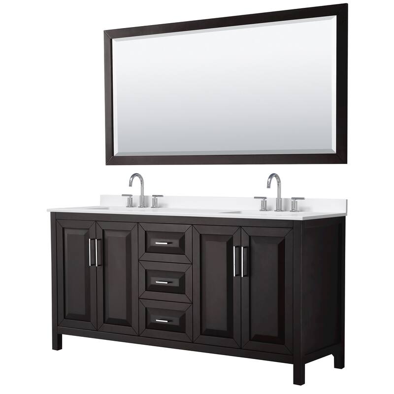 Daria 72-inch Double Vanity, 3 Hole Quartz Top, 70-inch Mirror - Dark Espresso, Chrome Trim, White Quartz Top