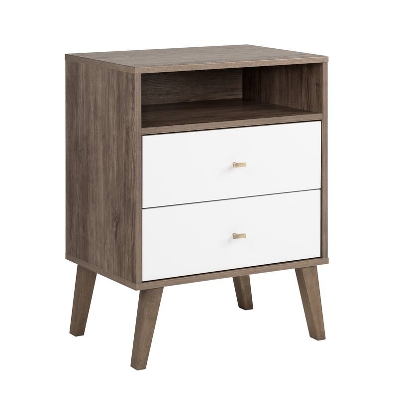 Prepac Milo Mid-Century Modern 2 Drawer Nightstand with Open Shelf, Bedside Table, Contemporary Bedroom Furniture