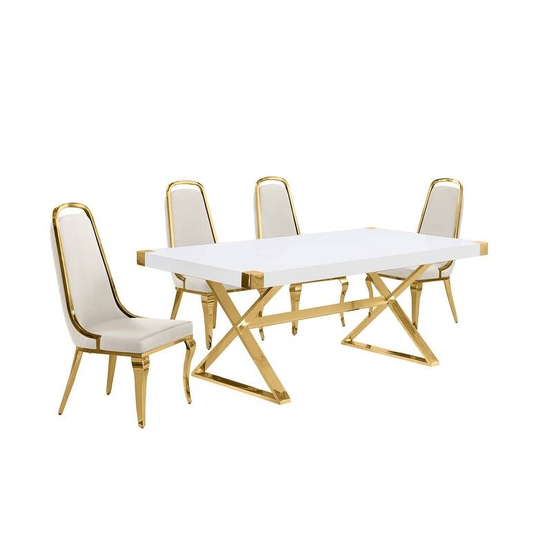 Best Quality Furniture D440/1-SC310-7 Dining Set with 78" White Lacquer Wood Top
