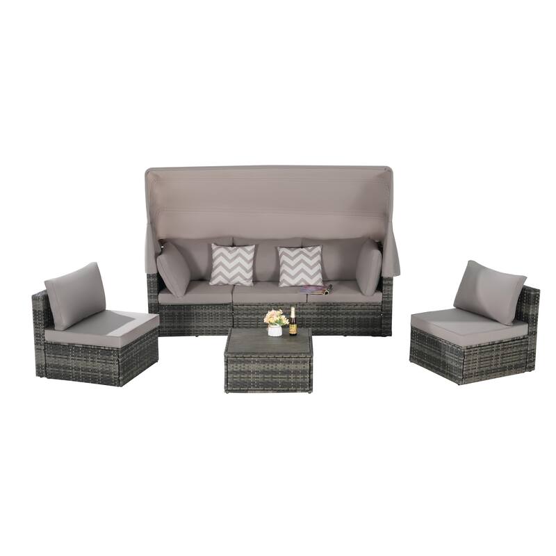 5-Piece Outdoor Patio Wicker Daybed Set with Retractable Canopy, Storable Table