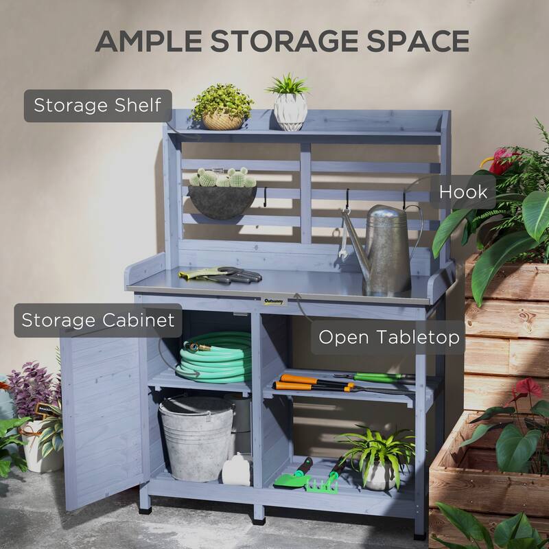 Outsunny Wooden Potting Bench, Outdoor Potting Table with Storage Cabinet, Storage Shelves, Aluminum Table Top