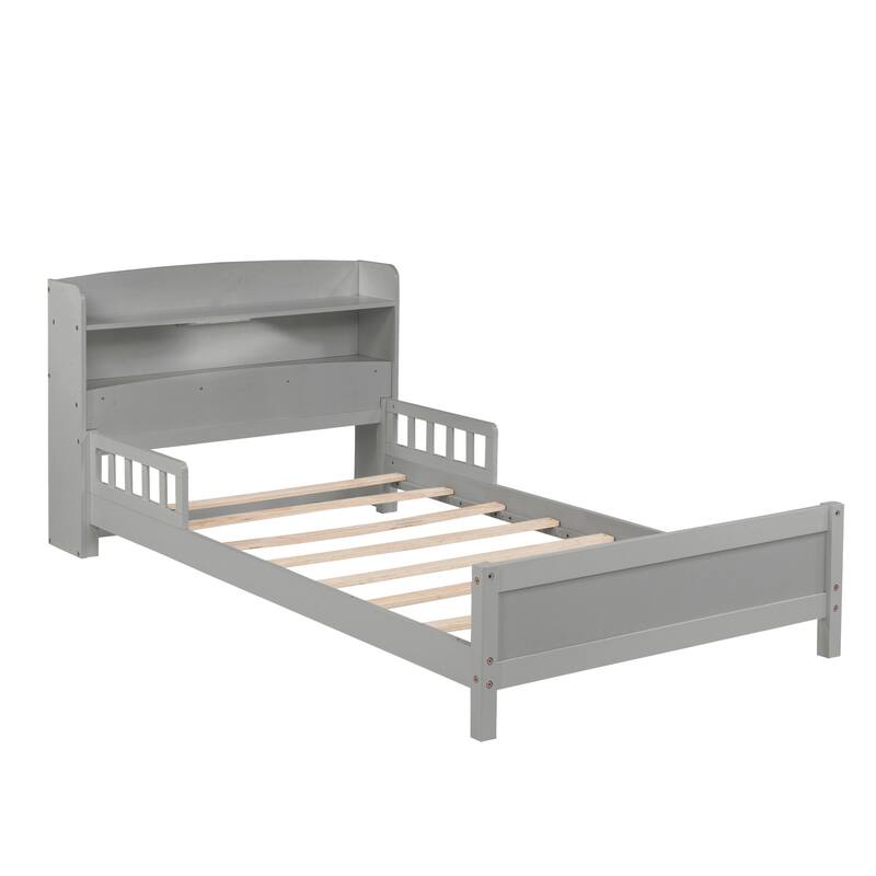 Wood Bed with Bookcase Headboard ,LED Motion Sensor and Guardrails