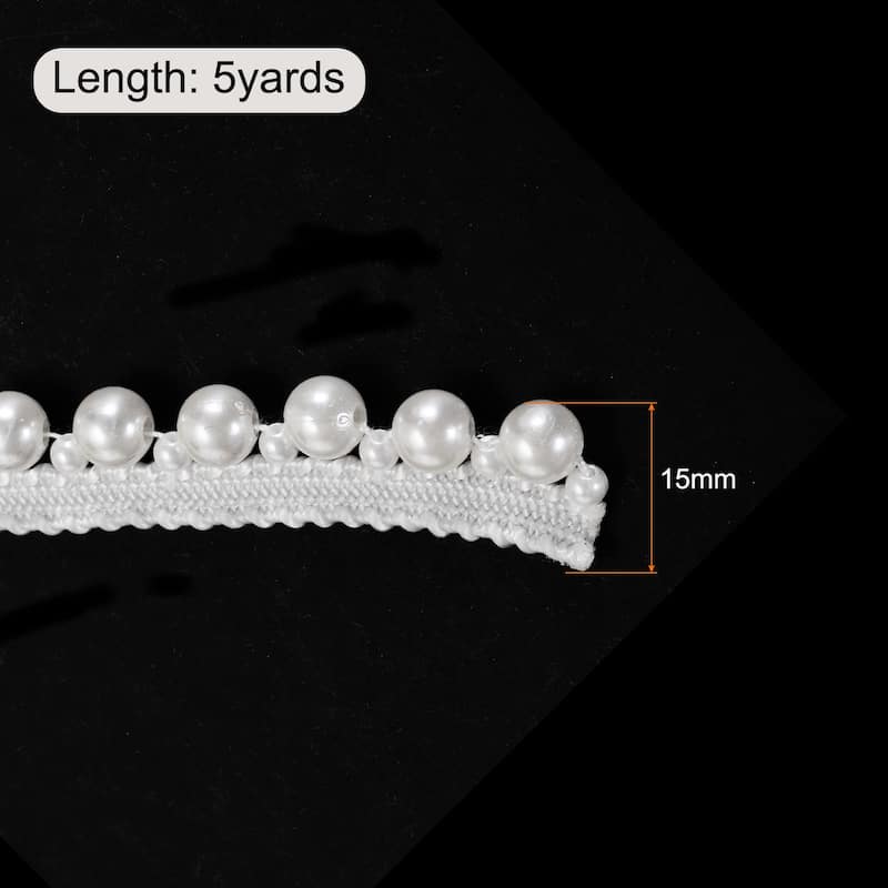 5 Yard Faux Pearls Lace Ribbon Applique Pearl Fringe for Wedding Party - White - 15mm