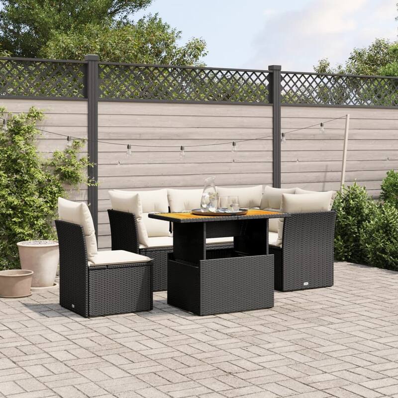 vidaXL Patio Sofa Set with Cushions Table and Sofas Outdoor 6 Piece Poly Rattan - 21.7 x 39.4 x 28.7 - Black  - form3