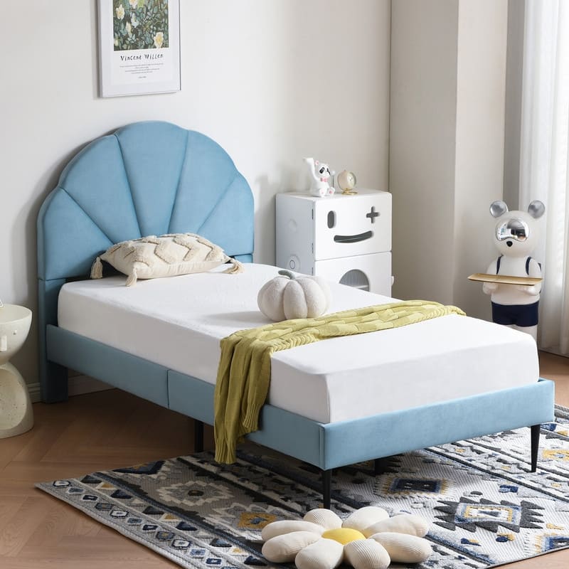 Upholstered Bed with Unique Seashell Headboard