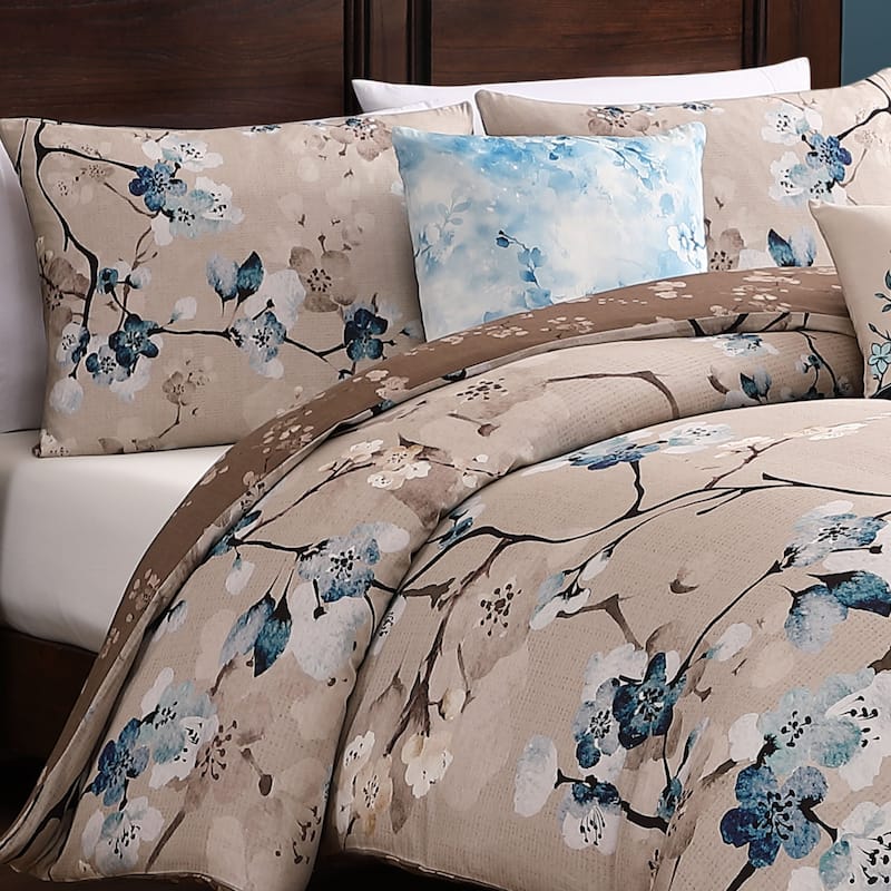 Bebejan Blue Blossom 100% Cotton Sateen 5 Piece Reversible Comforter Set