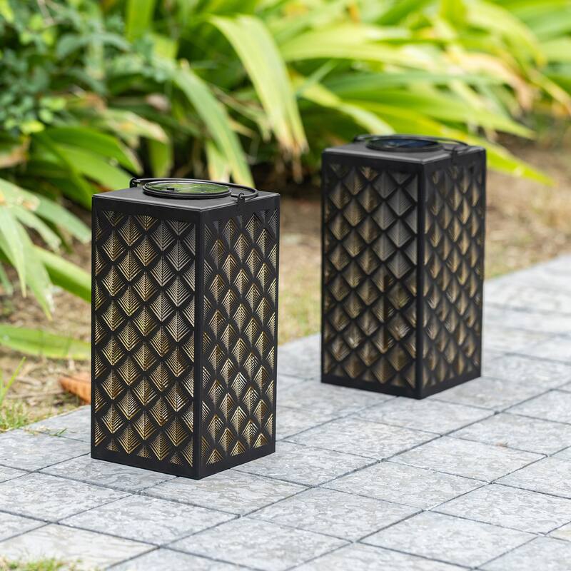 Glitzhome 11"H Black Metal Cutout or Square Textured Glass Pattern Solar Powered Hanging Lantern with LED Light