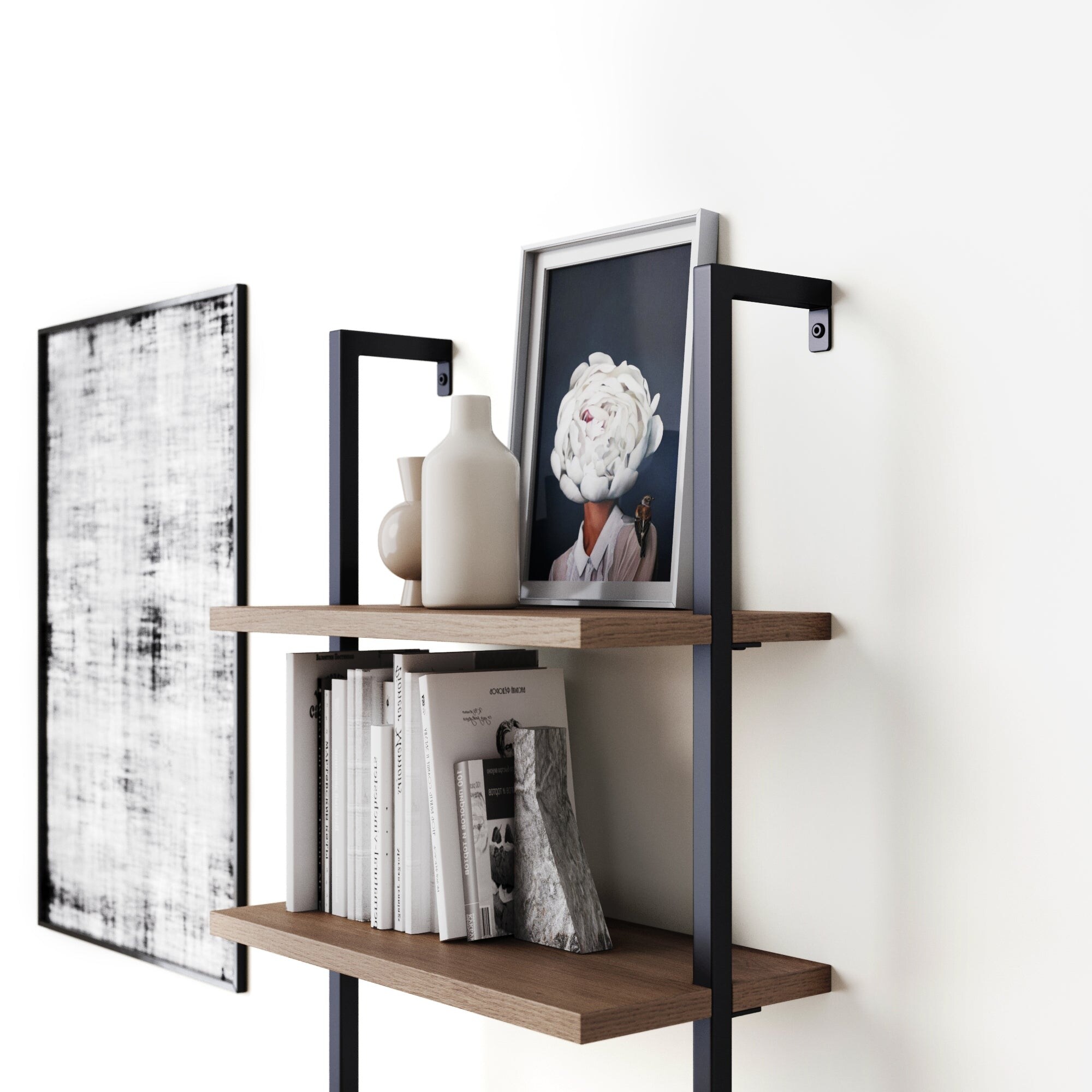 Nathan James Theo 6-Shelf Tall Bookcase Wall Mount Bookshelf Natural Wood Industrial Metal Frame Reclaimed Oak/Black