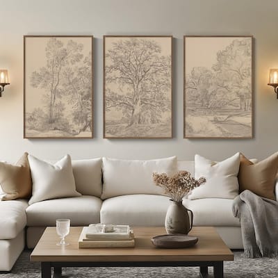 Big Tree Sketch Botanical Forest Antique Canvas Artwork Set