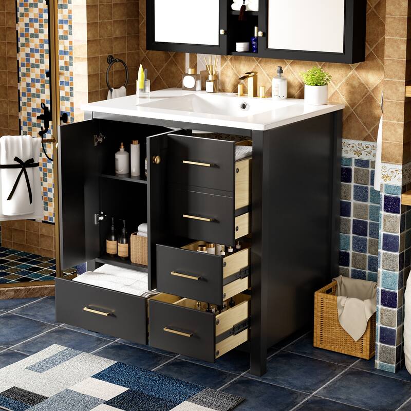 30" Freestanding Bathroom Vanity with Ceramic Sink, Solid Wood Frame & 4 Drawers for Ample Storage