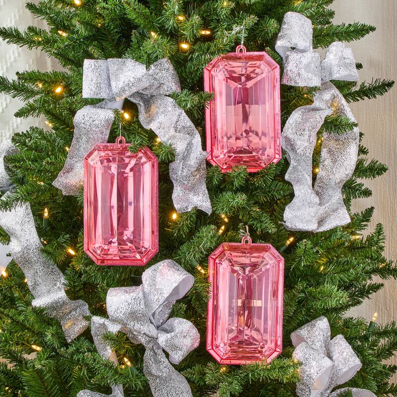 9" Acrylic Emerald Cut Precious Gem Ornament Set of 3 - Pink